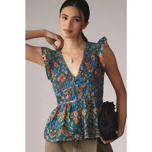 ANTHROPOLOGIE Size Medium Pegerine Blouse Blue Floral Smocked V Neck